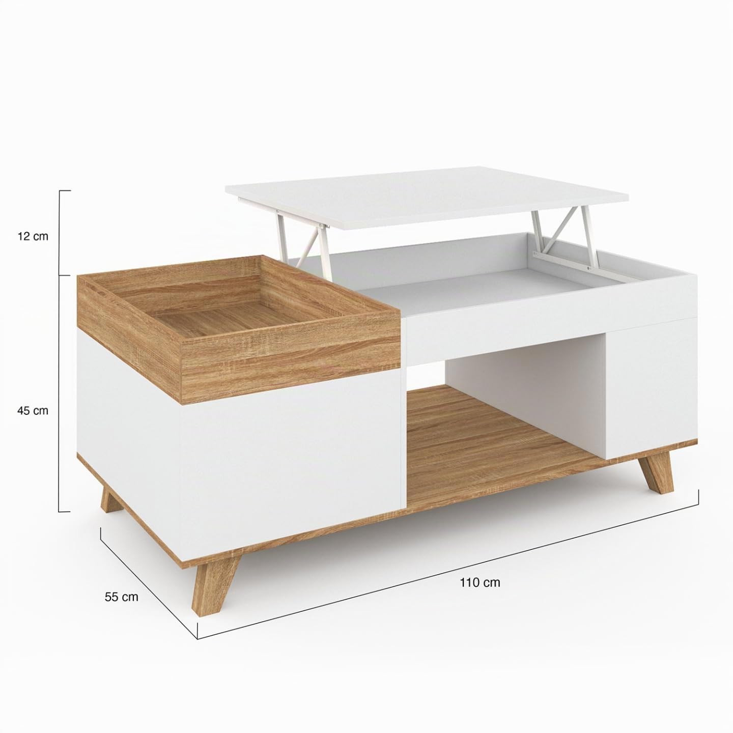 IDMarket - Table Basse rectangulaire Plateau relevable et Plateau Amovible avec Coffre Lola Bois et Blanc
