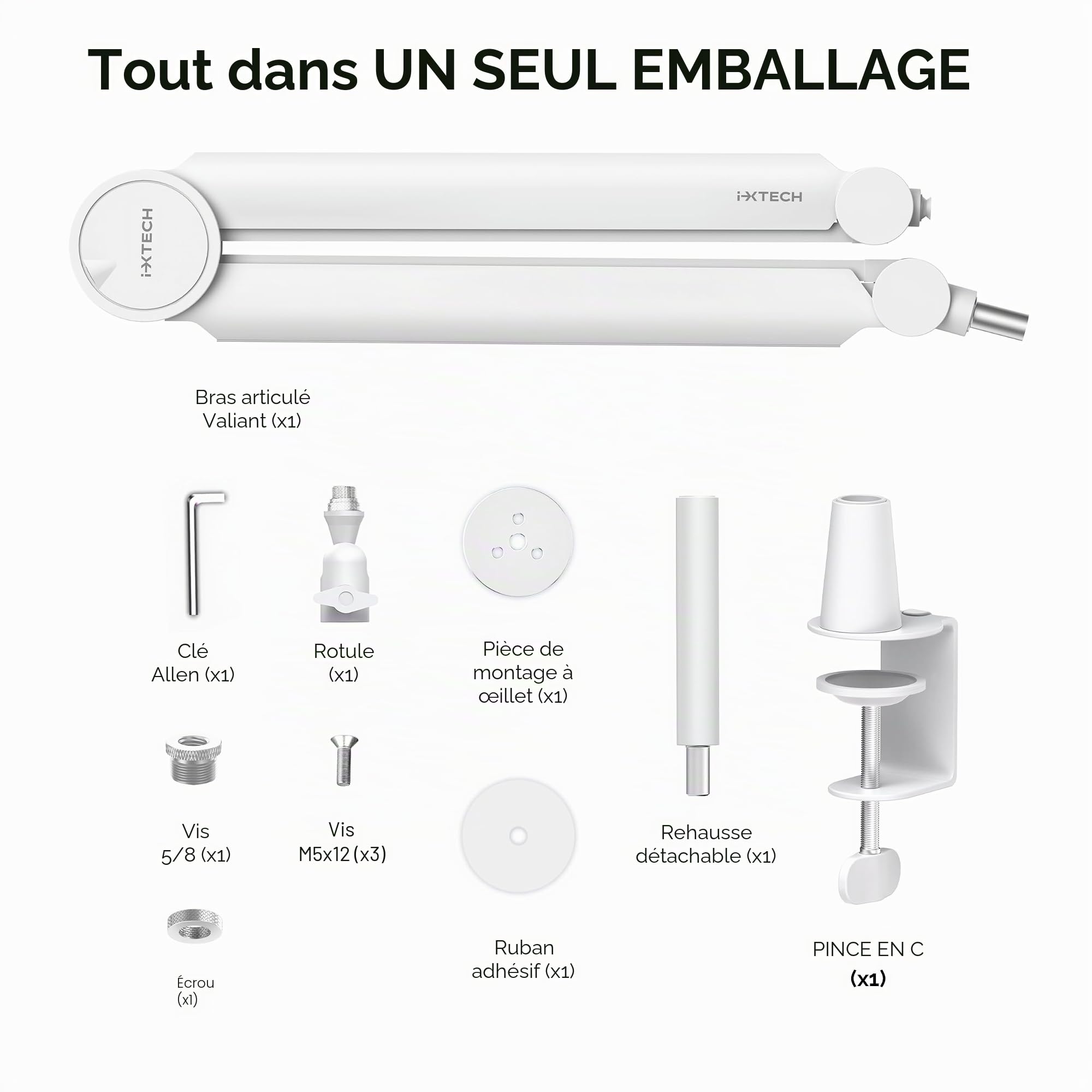 IXTECH Bras de microphone blanc premium, bras de perche rotatif à 360° avec support de bureau, entièrement réglable, robuste et universel, modèle VALIANT WHITE