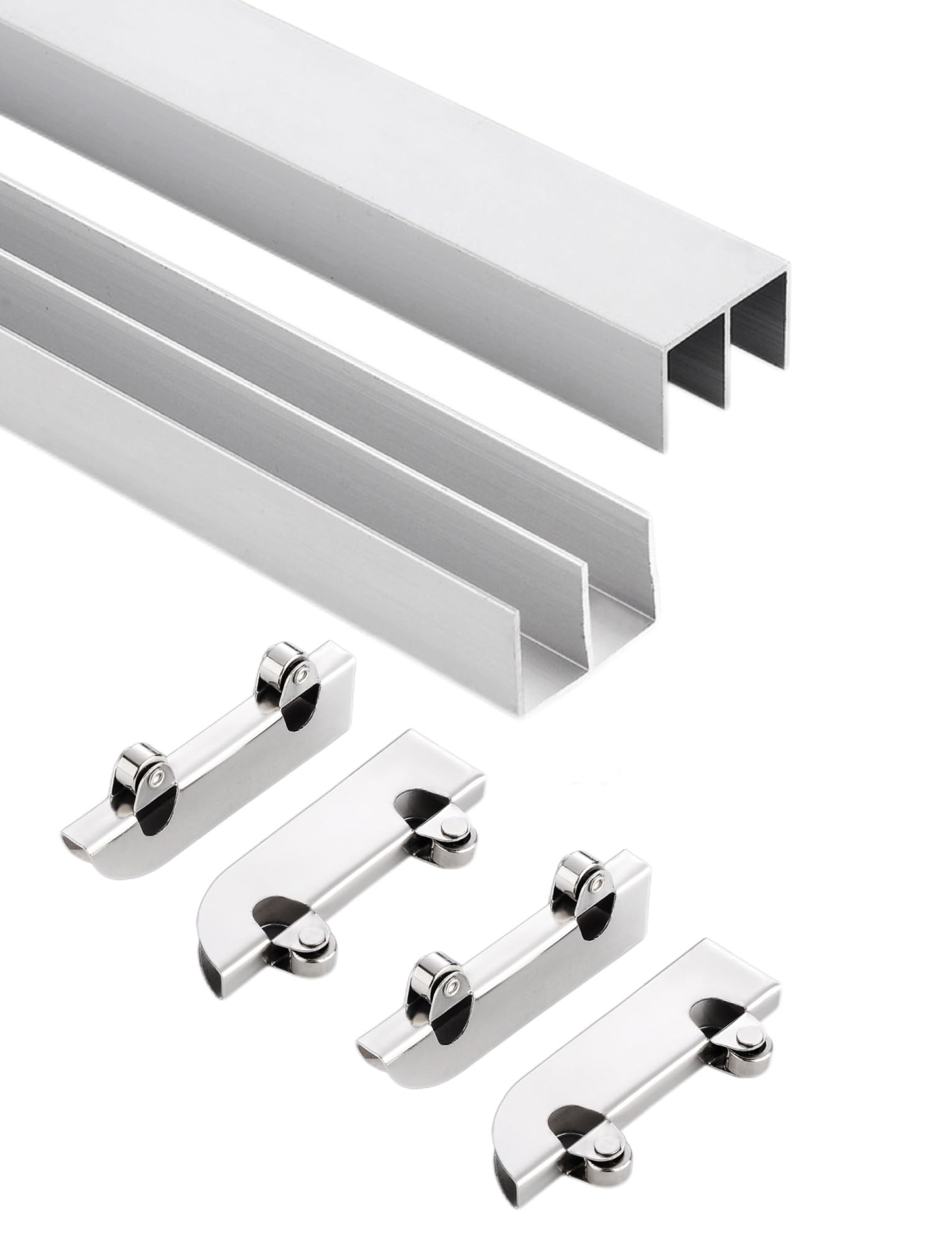 Kit de riel para puerta corredera de cristal, riel de aluminio de doble canal con rodillos silenciosos, se adapta a vitrinas y armarios, incluye 4 poleas