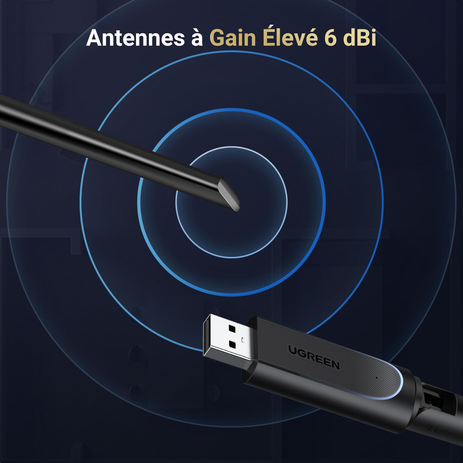 UGREEN Clé WiFi 6 AX900 Antenne à Gain Élevé 6dBi Adaptateur USB Entrée de Gamme 5GHz 2.4GHz Double Bande Station Soft AP Mode Dongle Pilote Intégré Compatible avec Windows 11 10
