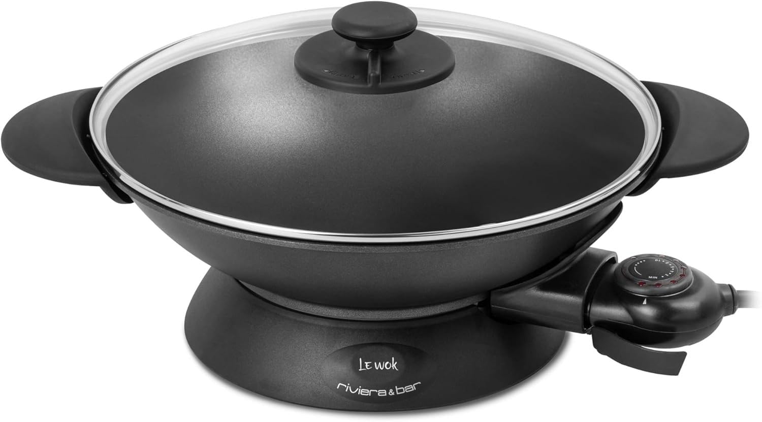 riviera&bar Wok Électrique Expert 5L - 2200W, Cuve en Fonte d'Aluminium, Couvercle en Verre, Thermostat Réglable 10 Positions - Idéal pour 8 Personnes - Accessoires Inclus - Nettoyage Facile