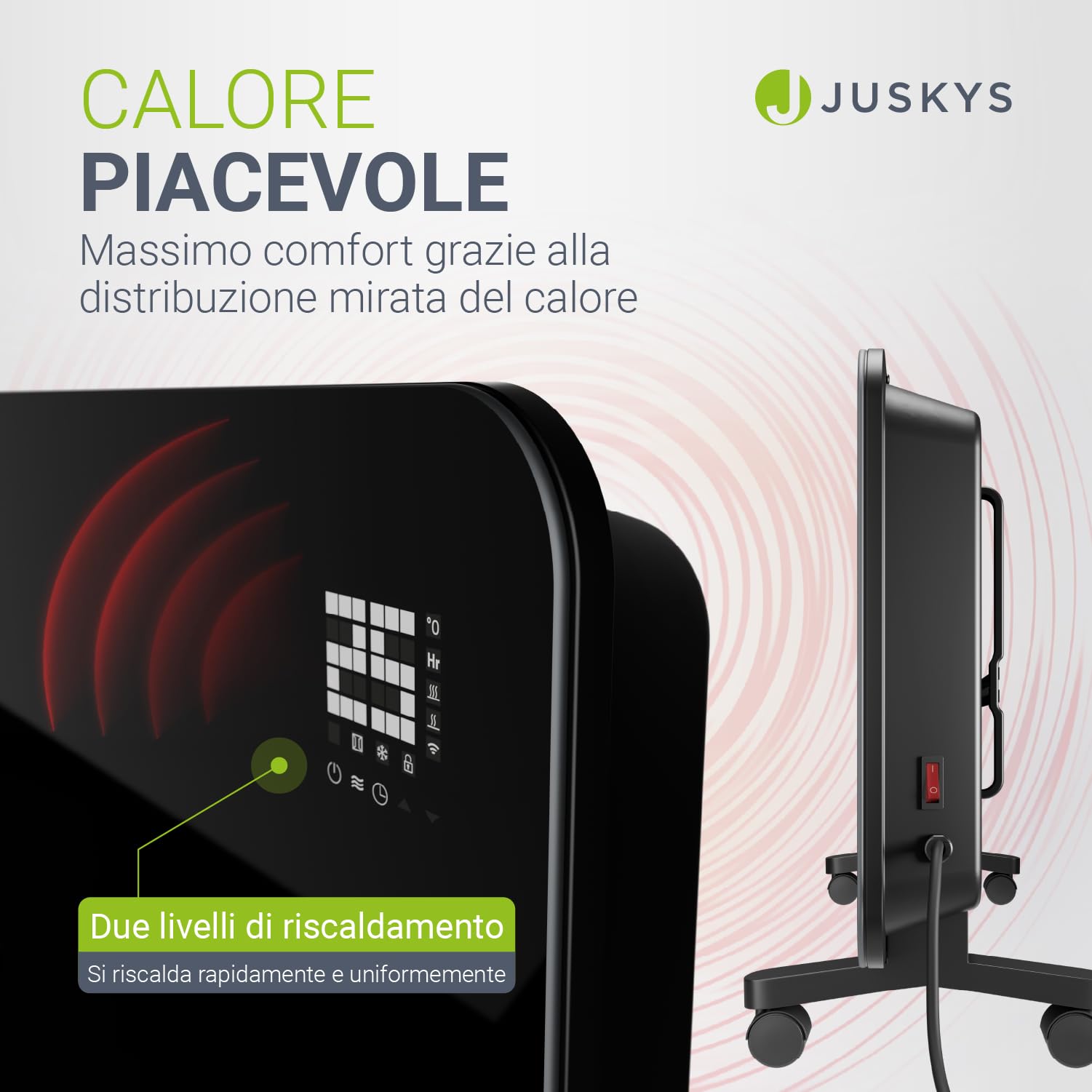 Juskys stufa in vetro 2000W – Nero, riscaldamento a infrarossi da parete o pavimento, controllo app, display LED, timer e sicurezza