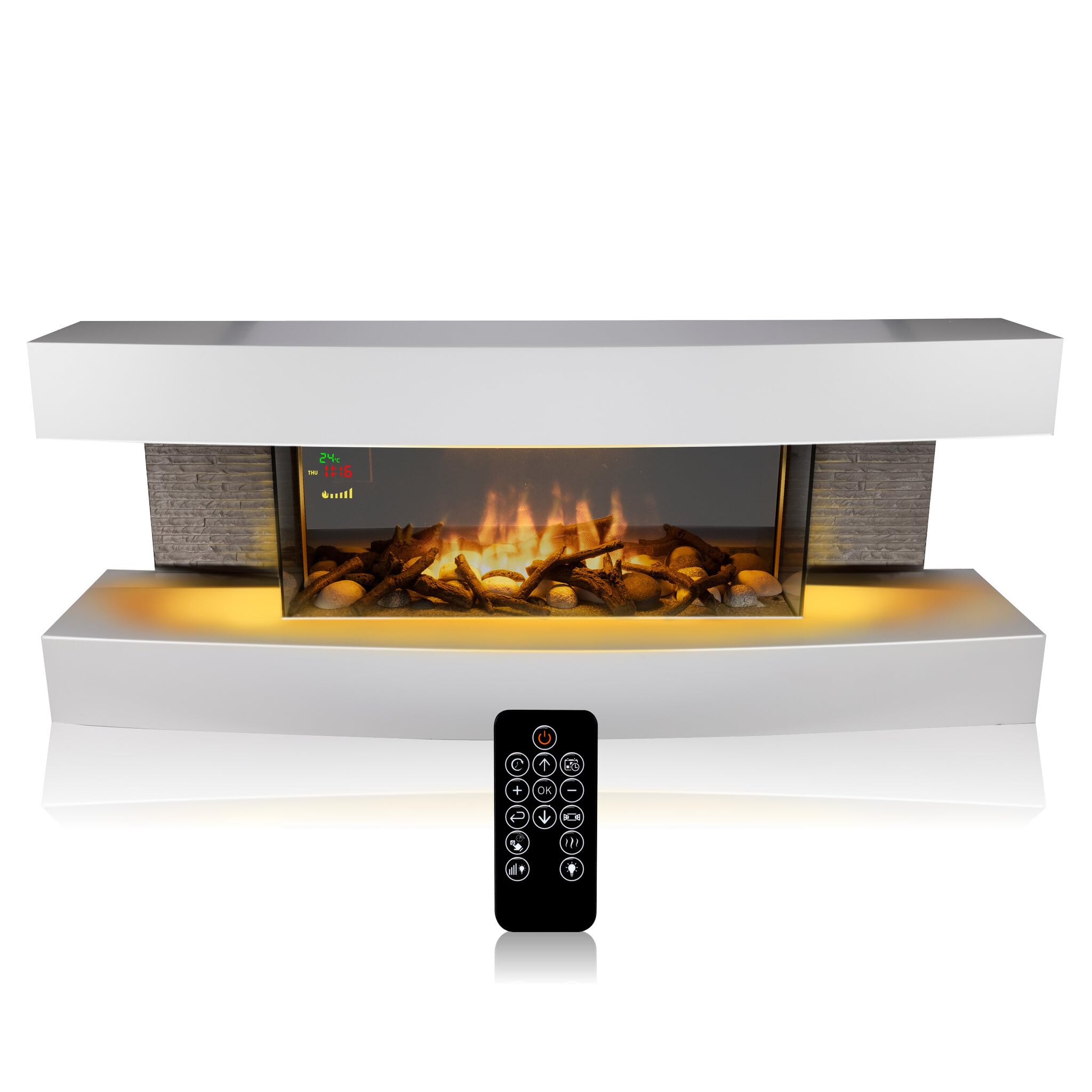 Classic Fire Montreal Chimenea Eléctrica - Chimenea Decorativa con Calefacción, Mando a Distancia y Temporizador - Estufa Eléctrica Independiente con Llama LED - 2000W - Blanco