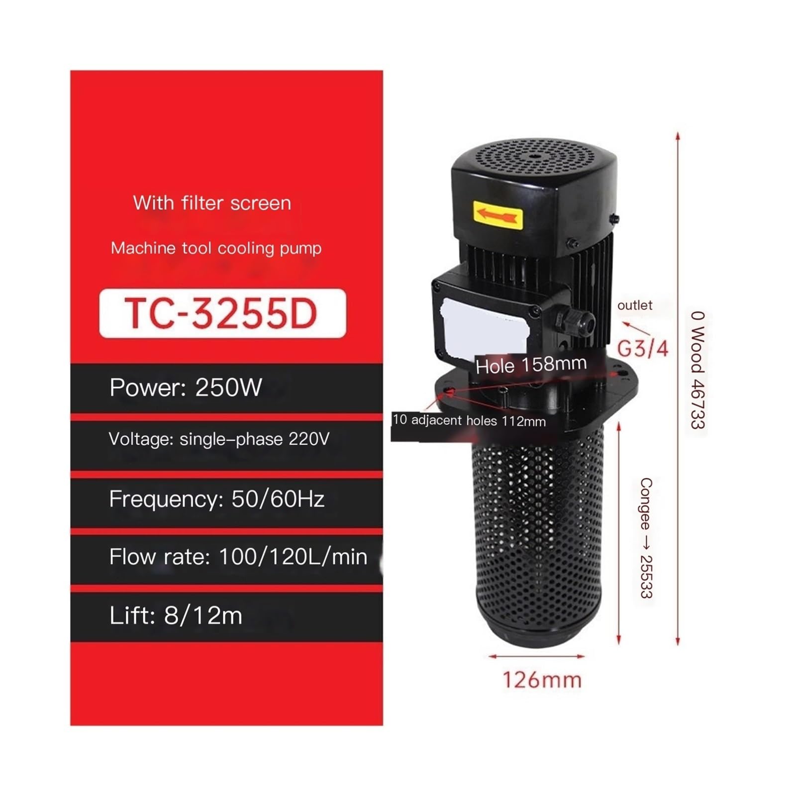 for CNC-Maschine – 250 W 1-Phasen-Kühlmittelpumpe mit hohem Durchfluss, vertikales Design(TC-3255D 250W)