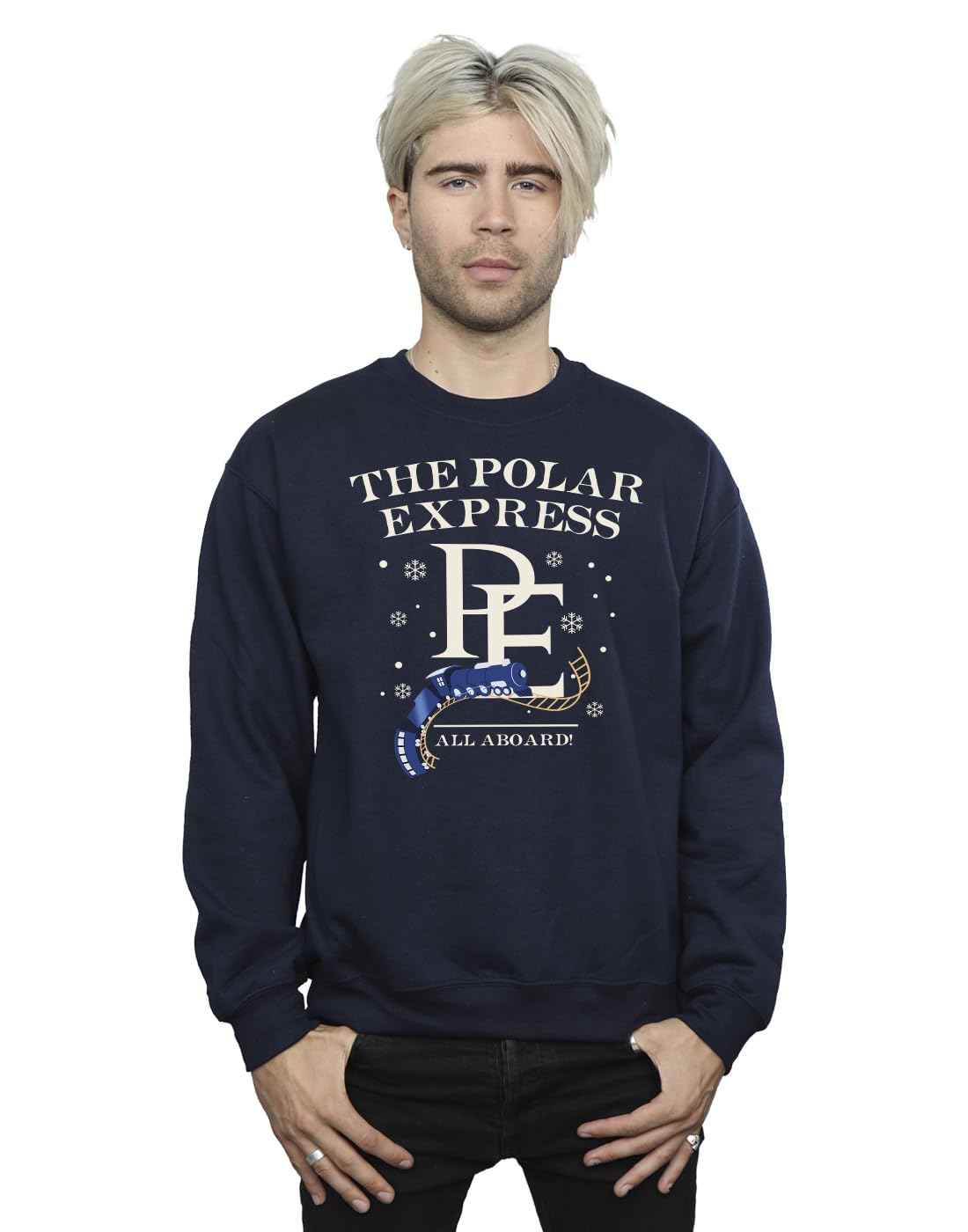 Absolute Cult Men's Navy Blue Polar Express All Aboard Sweatshirt Large