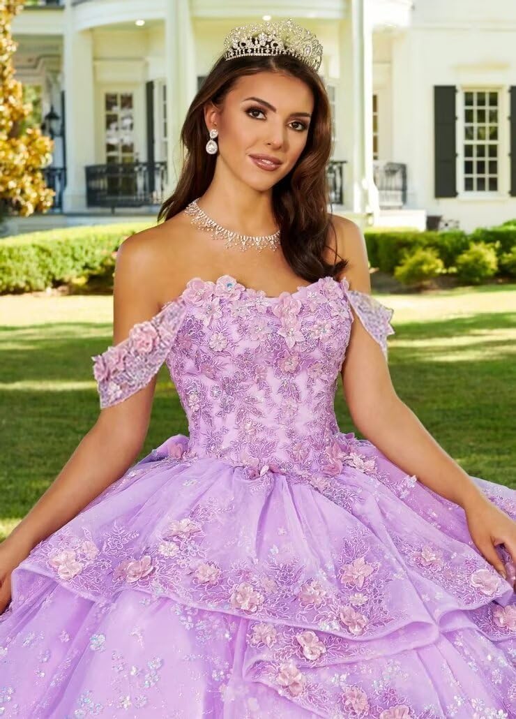 Vestidos de quinceañera de Princesa con Capas Flores 3D Encaje con Cuentas Vestidos de Fiesta con Volantes y Cuentas Vestidos de Fiesta para Dulces 16 MT037