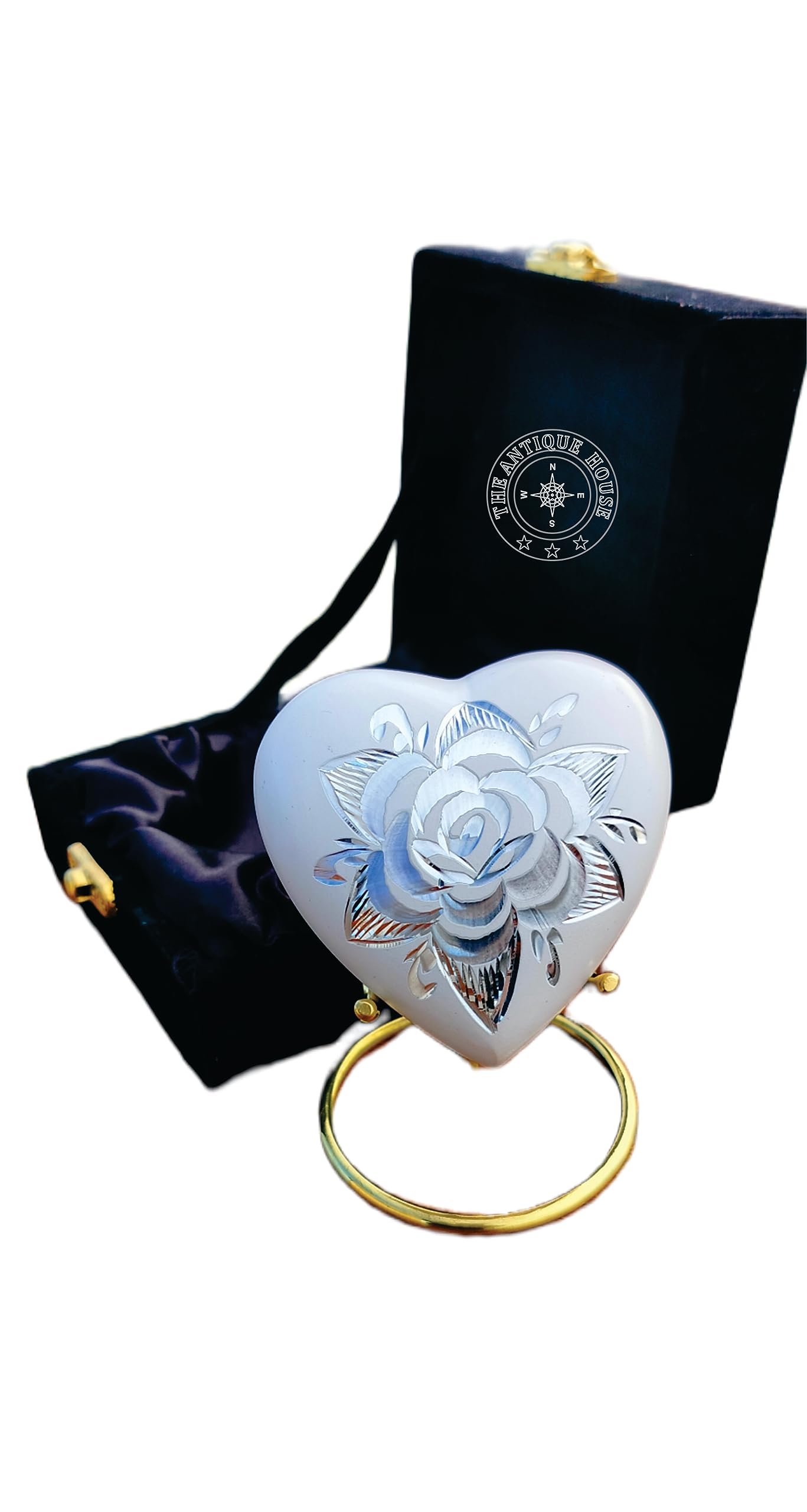 Mini-Urne mit weißen Rosen, Herzform, Urne für menschliche Asche, Erwachsene und Beerdigung für Erwachsene und Säuglinge, mit hochwertiger Samt-Box und Messingständer