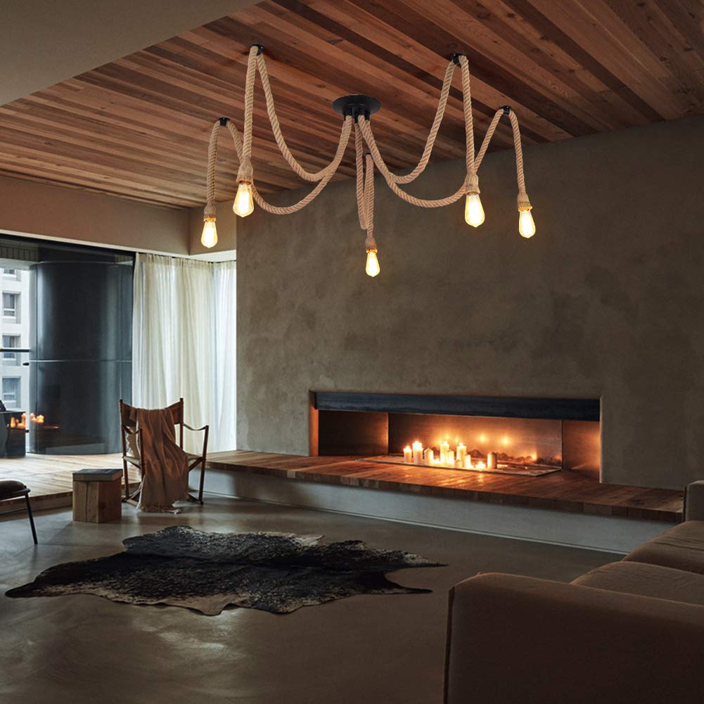 MAXDUYU Lampadario a Sospensione Industriale,5 Teste, Corda di Canapa E27 per Soggiorno,Cucina,Sala da Pranzo,Bar,Caffè, Ristorante