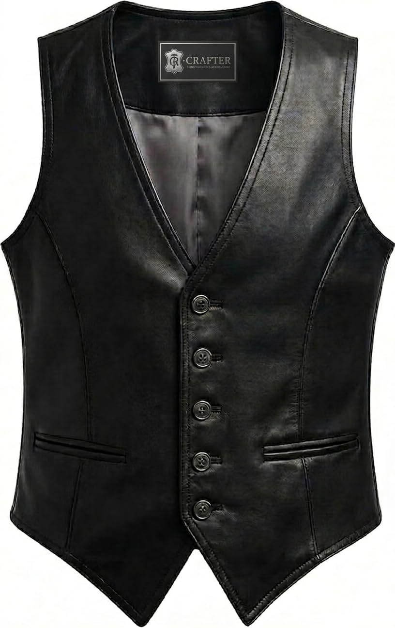 Crafter Men's Brown Leather Motorcycle Vest - Sleeveless, V-Neck, Cowhide Biker Riding sleeveless Motorcycle Leather Vest