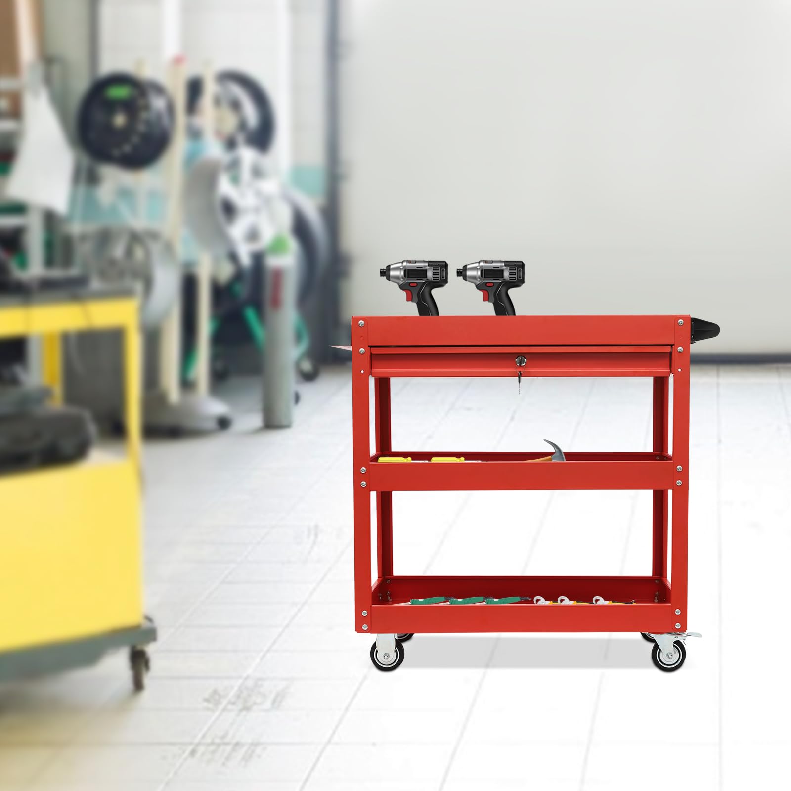 Wózek narzędziowy z 3 poziomami, wózek warsztatowy, wózek transportowy, metalowy wózek z szufladą, nośność 150 kg, z szufladą i zamkiem na klucze