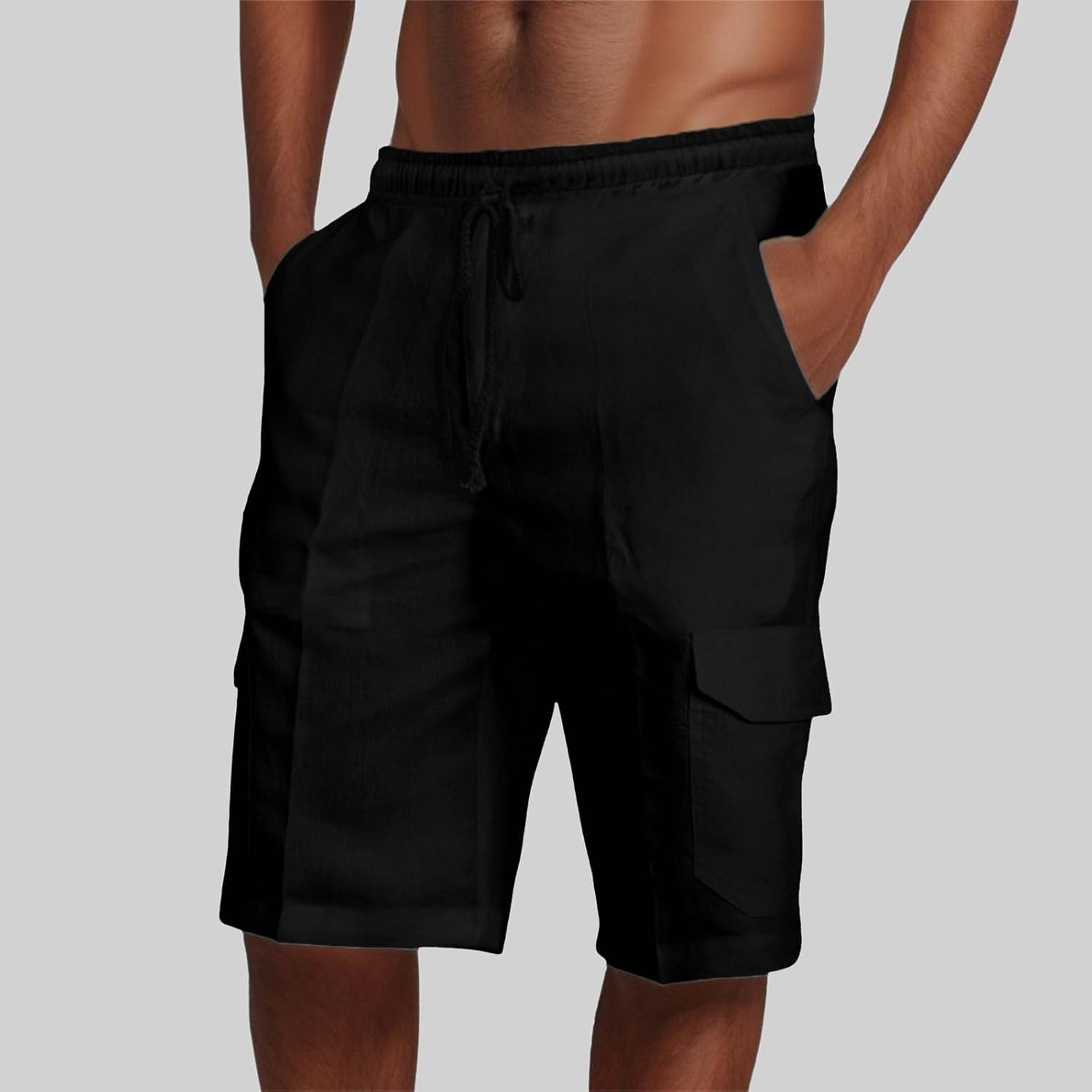 Mens Linen Cargo Shorts Summer Elastic Waist Drawstring Knee Length Loose Casual Beach Vacation Shorts with Pockets