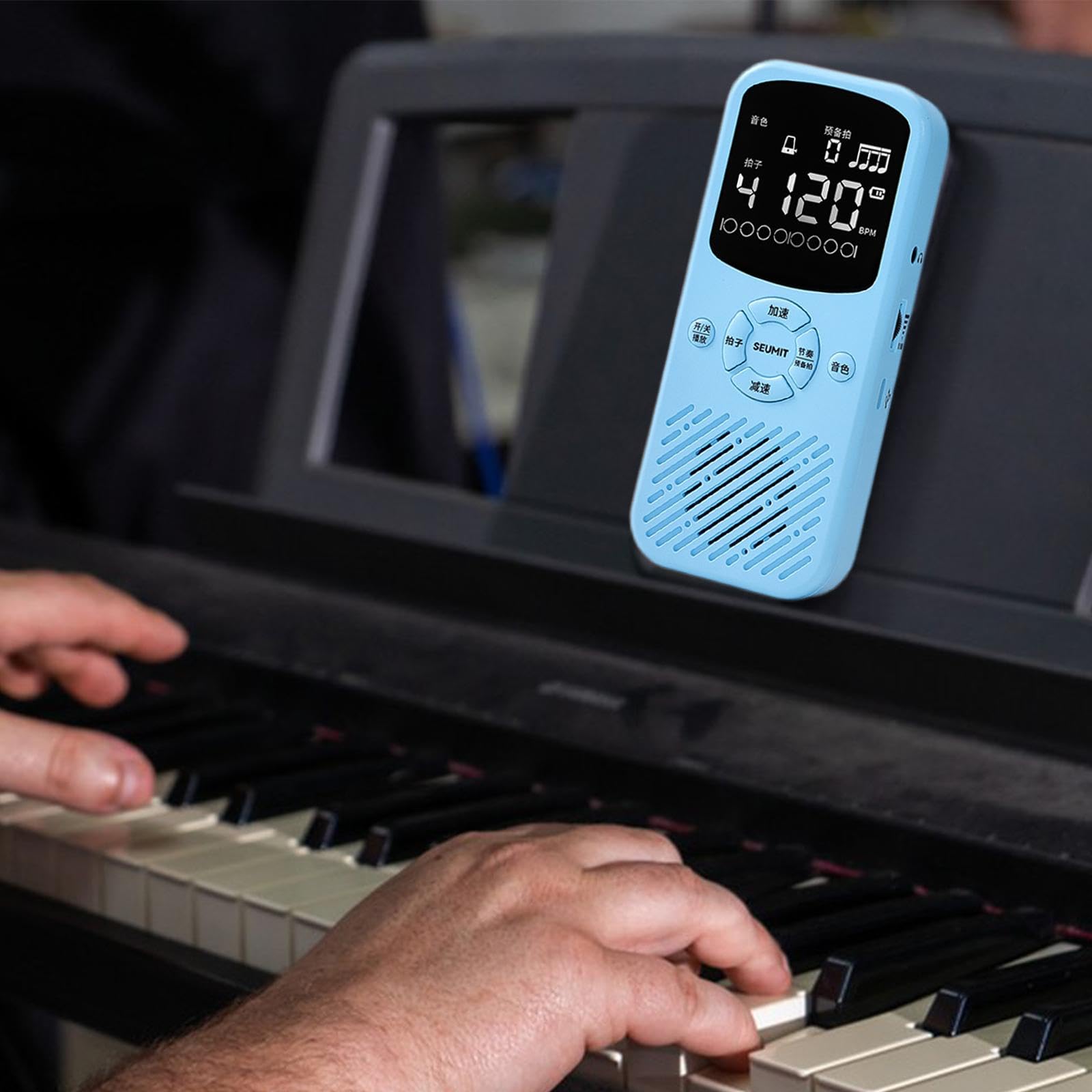 Metrónomo Electrónico Digital con Pantalla de Alta Definición, Volumen Ajustable, Múltiples Efectos de Sonido, Soporte Plegable, Ideal para Pianistas, Azul