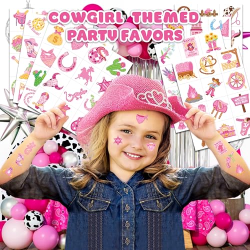 Image of 120 PCS Pre-Cut Cowgirl Temporary Tattoos for Kids Birthday Party Favors | Super Cute Disco Western Themed Supplies, Decorations, Pink Fake Tattoo Stickers, Gifts, School Rewards for Girls