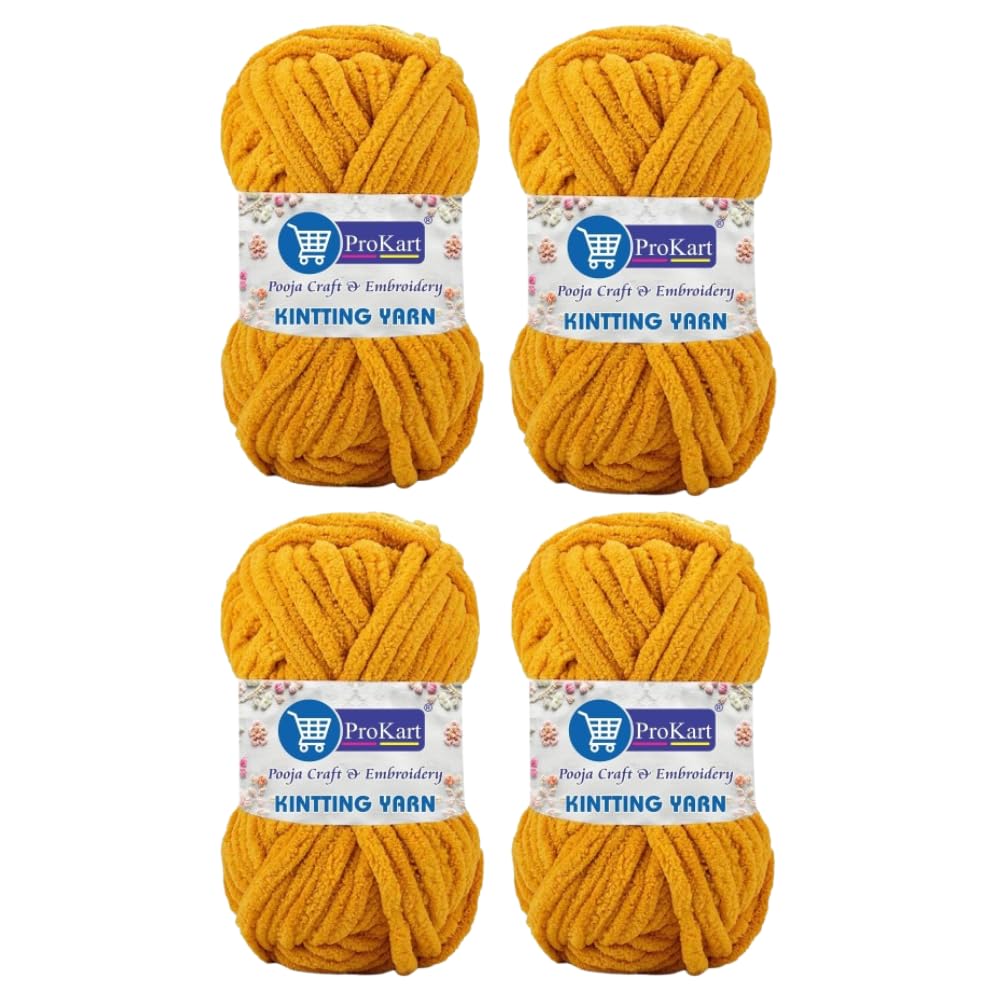 ProKart Premium Blankie Wool, Plush & Cuddly, Chenille Yarn Supersoft Hand Knitting Wool Ball | Blanket Thick/Mottu Yarn Ball Suitable for Hand Knitting and Crocheting for Baby, Adult, Sweaters, caps, Throws, Home Furnishing, Scarves, Blankets (Yellow Mango, 100gms x 4 Pack)