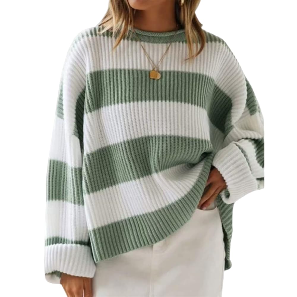 Womens Oversized Striped Sweaters Cute Color Block Chunky Sweater Trendy Long Sleeves Crewneck Knit Pullover Tops