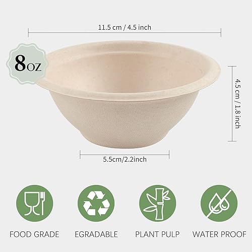 Miniatura 2 de 150 cuencos de papel desechables de 8 onzas cuencos de sopa compostables naturales de caña de azúcar biodegradables para helados postres alimentos