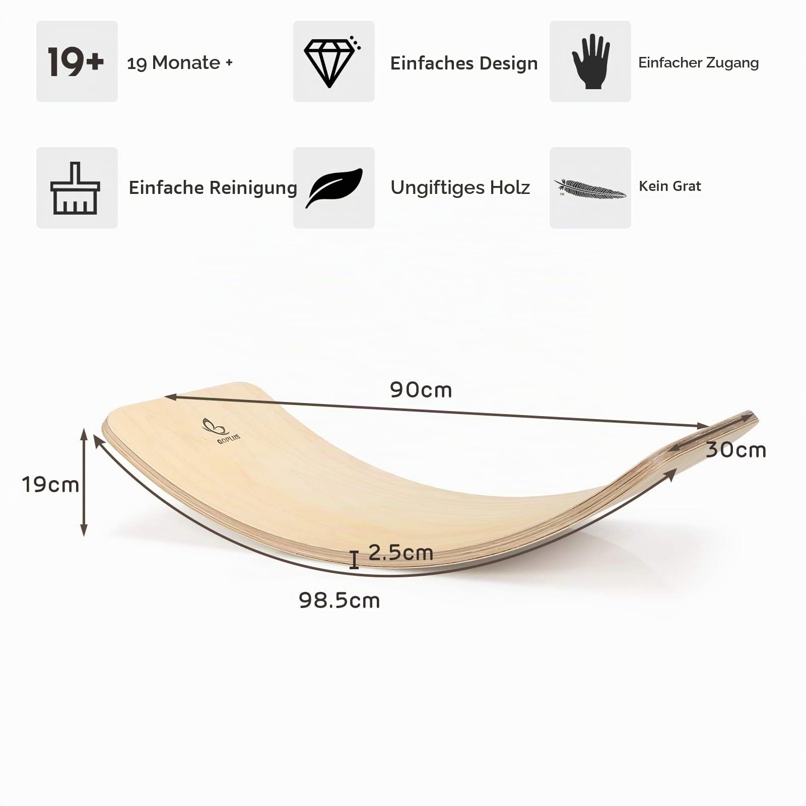 KOMFOTTEU Balancierbrett Balanceboard Holz, Wackelbrett mit Flitz, Kurviges Board für Balancier, Balance Board Gleichgewichtsboard bis 220kg belasbar, für Kinder & Erwachsene (90x30x19 cm)