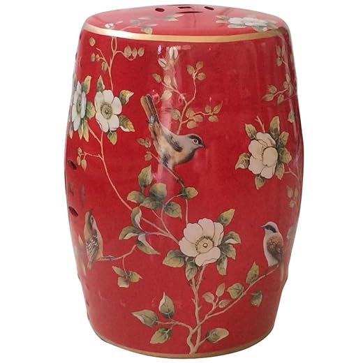 Decorative Ceramic Garden Stool, Glazed Hand-Painted Flower and Bird, Red, Suitable for Outdoor Garden, Living Room, Terrace