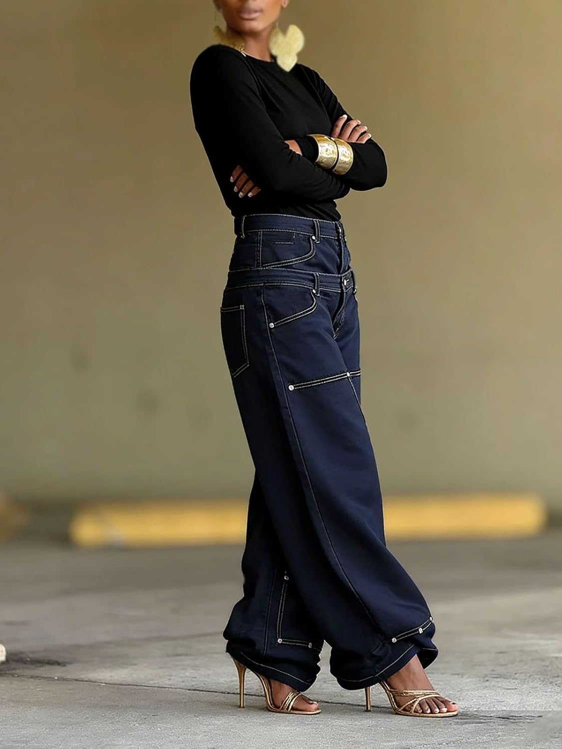 Women's Y2K Baggy Jeans High Waisted Stretch Elastic Waist Joggers,Fashion Leg Wide Leg Denim Pants