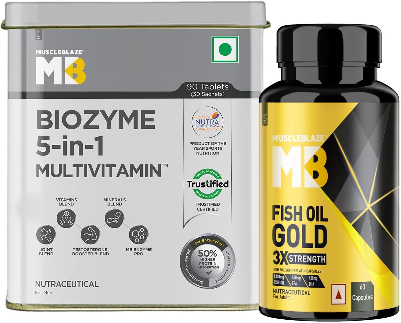 Biozyme Daily Multivitamin (90 Tablets) with US Patent Filed EAFยฎ & Omega 3 Fish Oil Gold 1250mg- Triple Strength Formula (560mg EPA & 400mg DHA) (60 Capsules) | Combo Pack