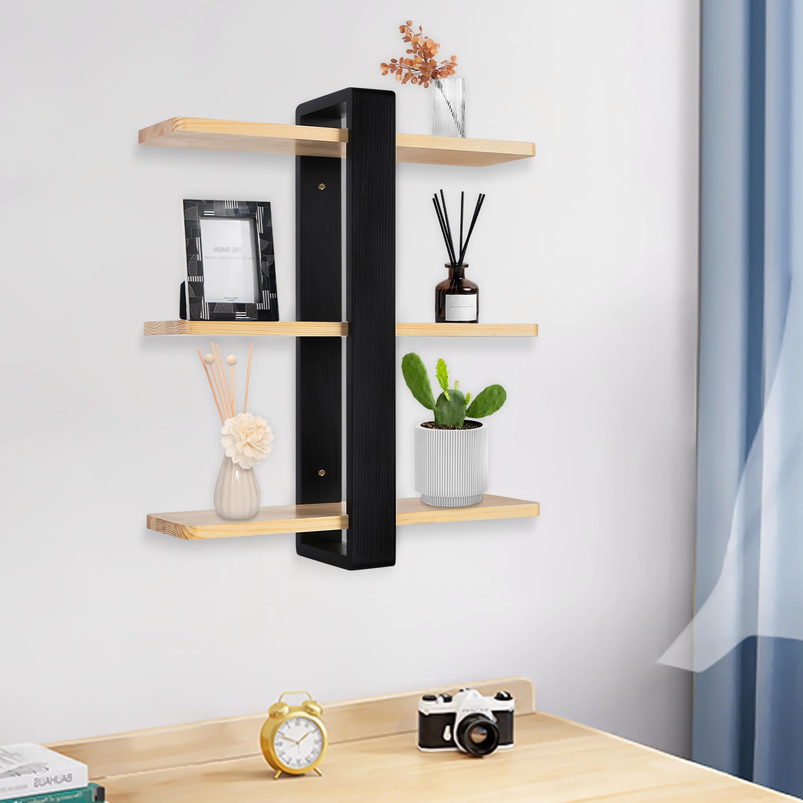 HUOLE Étagère Murale Industrielle en Acier pour Tuyaux en Bois Étagère Suspendue Bibliothèque Étagère de Rangement à 3 Niveaux pour Cuisine, Salon, Chambre à Coucher, 58 * 50 * 16cm-Noir (2pc)