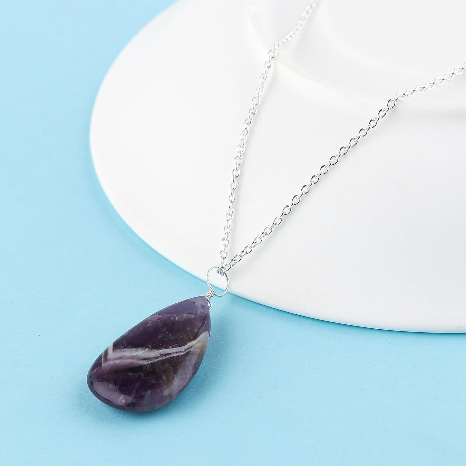 Natural Chevron Amethyst Gemstone Necklace, Plain Pear Stone Pendant, Handmade Jewelry, Silver Chain, Wicca & Reiki Healing Crystal, February Birthstone, Christmas Gift, 18inch - Image 5