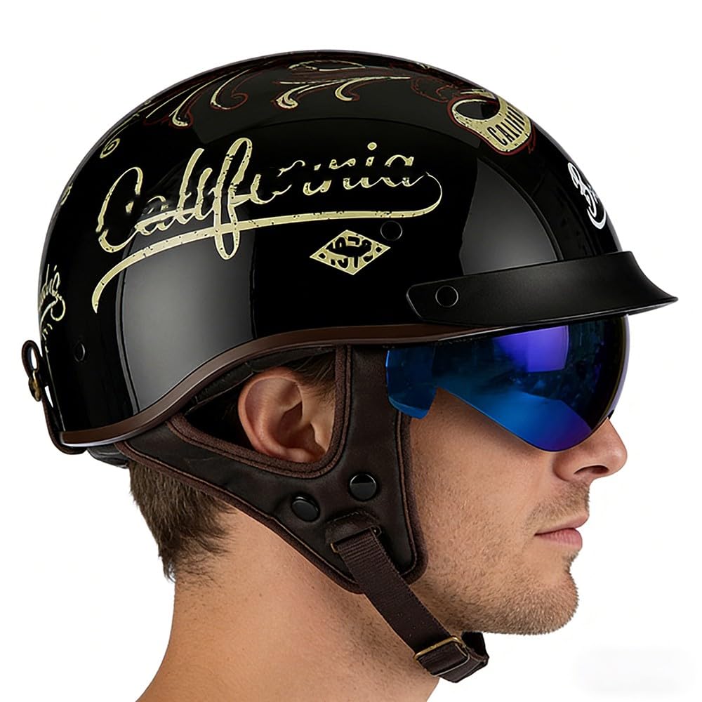 Retro Halbhelm Motorradhelm, DOT/ECE Zertifizierung Motorrad Halbschale Mofa Helm Mit Visier, Jethelm Halbschalenhelm Motorcycl Chopper Scooter Helm Sturzhelm für Herren Damen