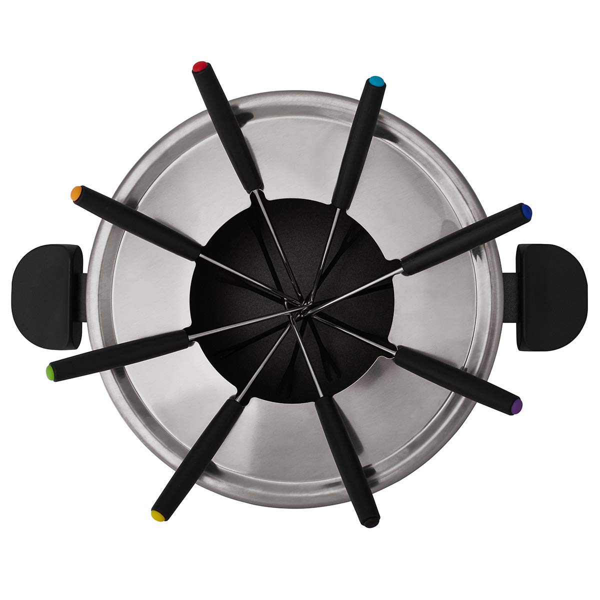 Cloer 6679 Fondues électriques jusqu'à 8 personnes, pot en aluminium revêtu, protection anti-éclaboussures amovible, 8 fourchettes colorées, 1.5 litres, 1000 W, argent, noir