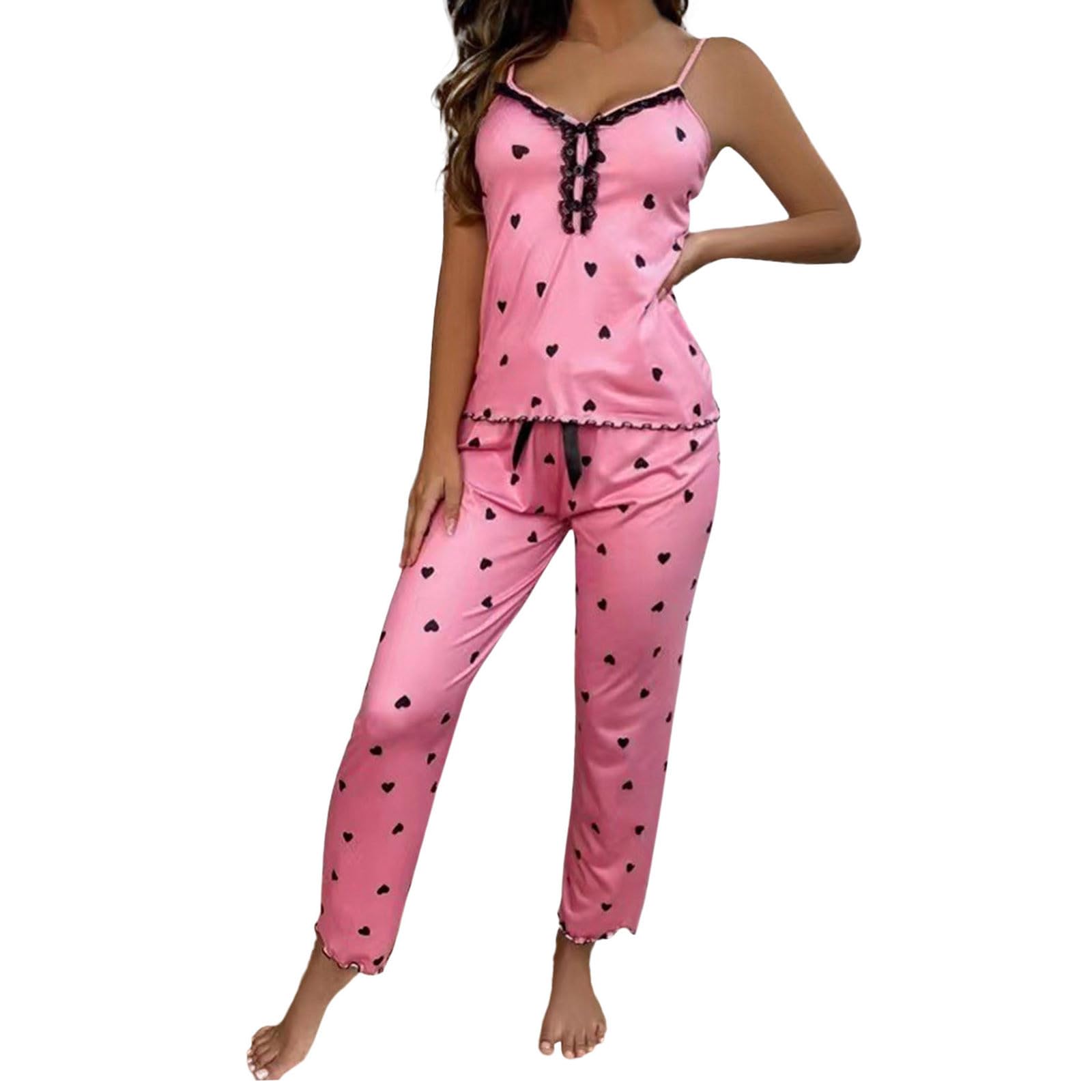Pajamas Ladies Pajamas Women V Neck Pajamas Comfortable Home Button Lace Pants Home Sleepwear - L - pink