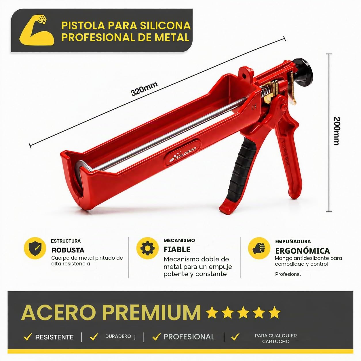 Pistola profesional para aplicar siliconas y selladores, estructura de metal y mecánica de acero. Soporta presiones de hasta 328 kg