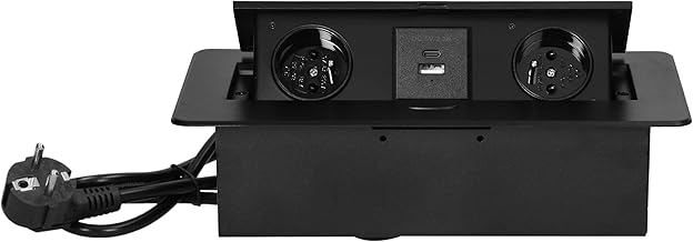 Recessed Worktop Socket Unit 2 x P+T Max. 3680 W Recessed USB Socket with 2 Ports A+C 2.1A and Cable 1.5 m Slim Countersunk Edge (Black)