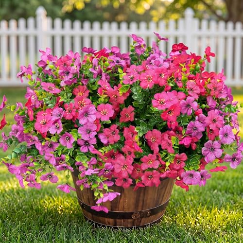 Artificial Flowers for Outdoor Fake Plants for Spring Decoration,Faux Eucalyptus Flowers for Planter UV Resistant Lifelike for Home Porch Garden (Red/Light Purple)