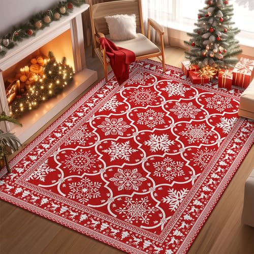 Yamaziot Washable Christmas Area Rug 5x7 – Red Snowflake Indoor Christmas Holiday Decor Carpet, Non Slip Soft Low Pile Xmas Carpet for Living Room, Bedroom, Kitchen, Entryway, Dining Room, Red