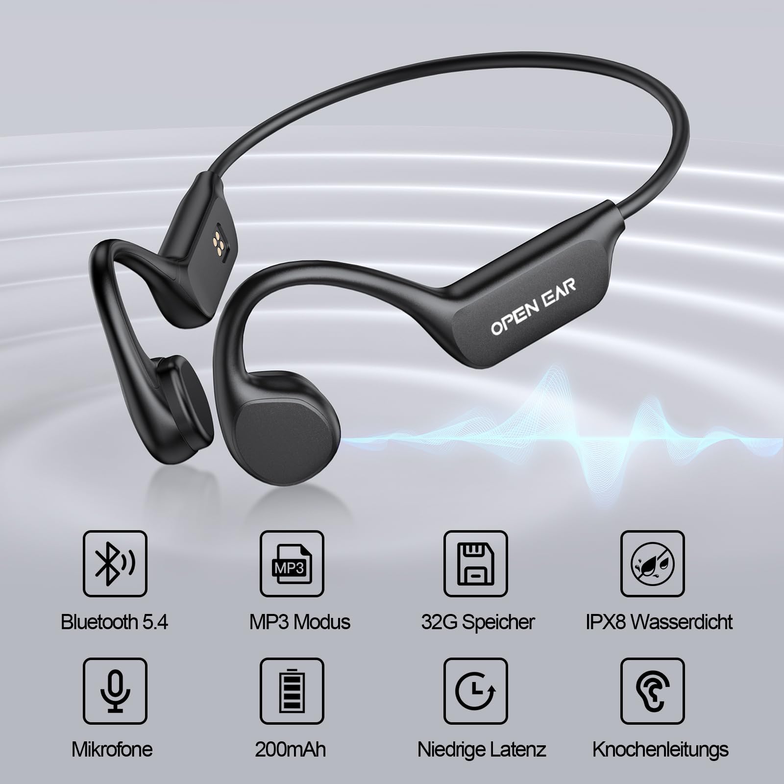 Knochenschall Kopfhörer, Kopfhörer Schwimmen, 32GB MP3 Sport Kopfhörer Bluetooth 5.4, IPX8 Wasserdicht, Open Ear Kopfhörer für Schwimmen Laufen, 10 Stunden Spielzeit