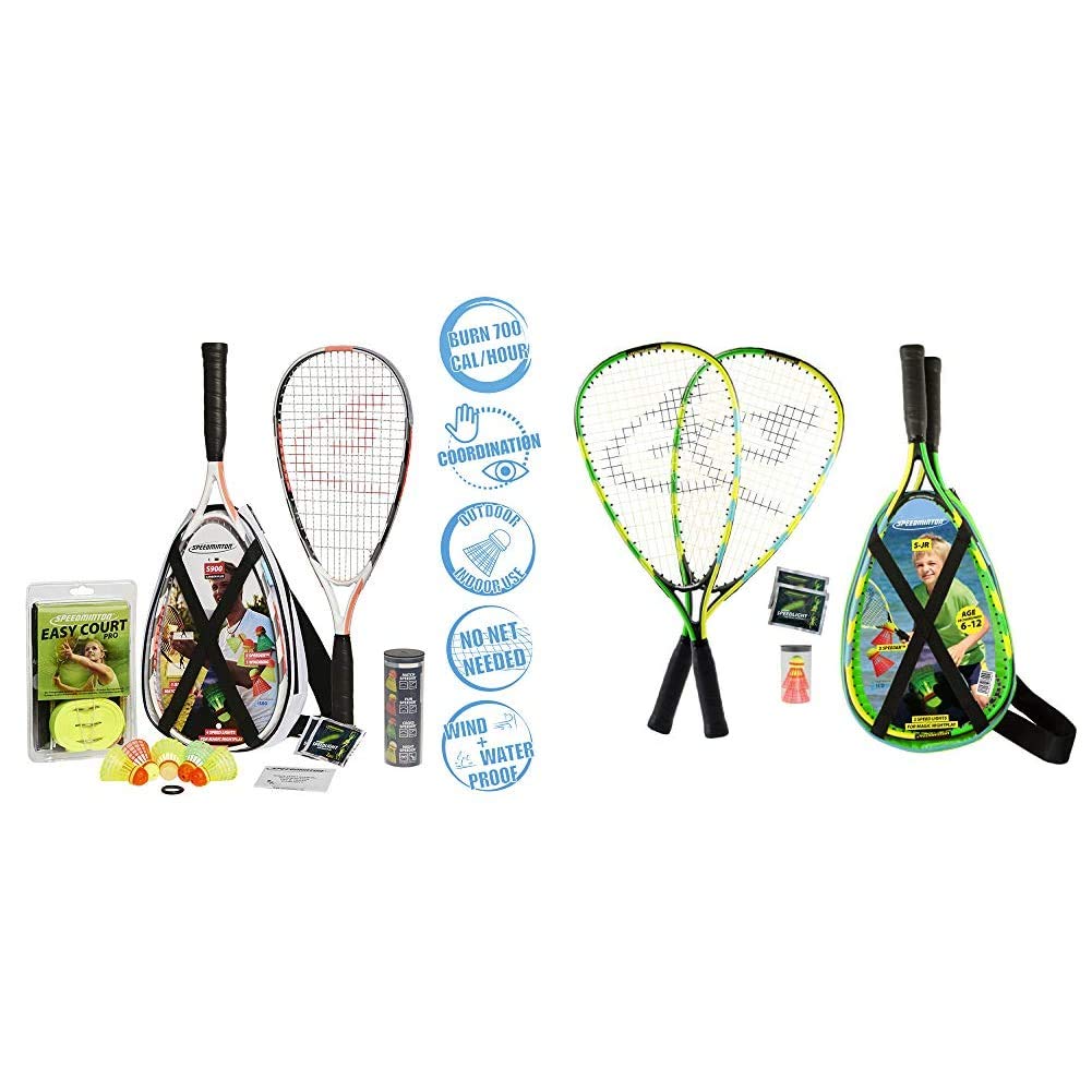 Speedminton® S900 Set – Original Speed Badminton/Crossminton Profi Set mit Carbon Schlägern inkl. 5 Speeder®& Junior Set – Original Speed Badminton/Crossminton Kinder Set inkl. 2 Fun Speeder®, Tasche
