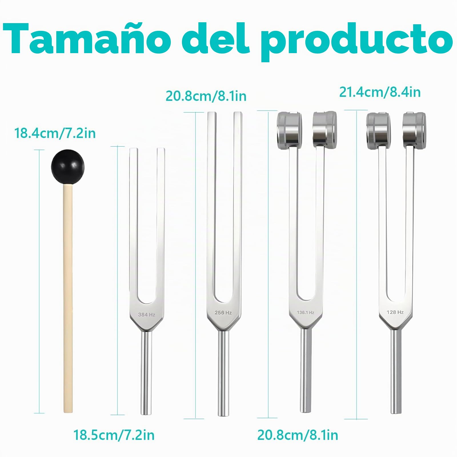Juego de 4 Diapasones Terapéuticos para Curación y Meditación | 128/136/256/384Hz para Meditación Yoga Relajación Curación Sonora y Equilibrio de Chakras con Mazo Activador y Bolsa de Piel