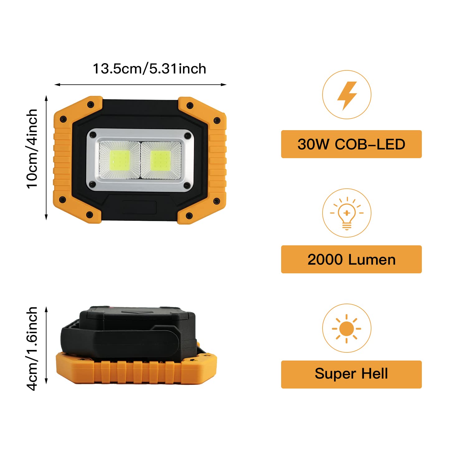 Tekstap LED Baustrahler Akku, Campinglampe Tragbar, 2xCOB 30W 1500LM LED Arbeitsleuchte USB für Garage Outdoor Camping Angeln Notfall Baustellen, 3 Lichtmodi (2 Stück)
