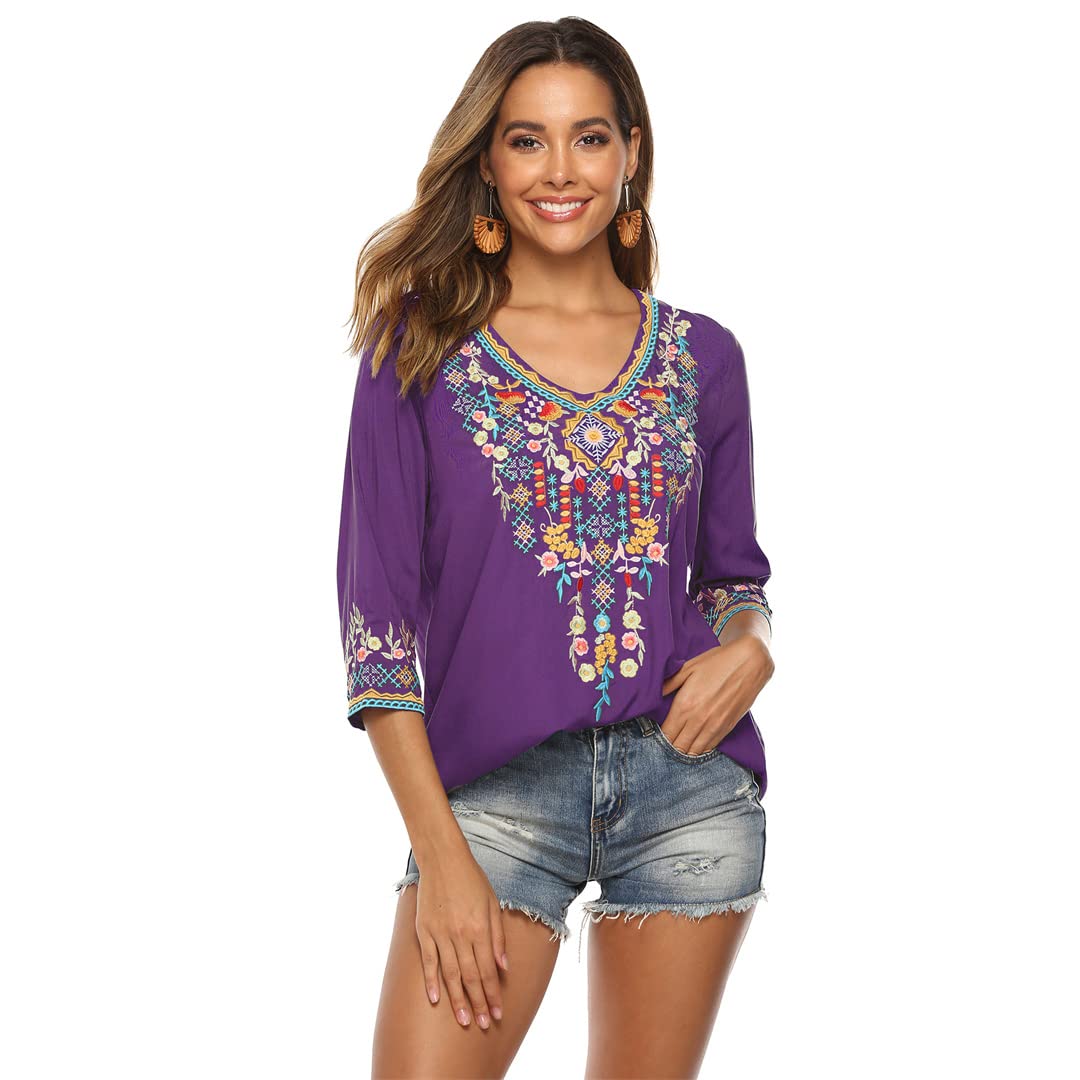 Generic Camicetta da Donna con Scollo a V Manica a 3/4 Camicetta con Ricamo Tunica Camicie Casual Larghe da Contadino Boemo