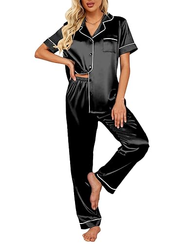 Ekouaer Silk Satin Pajamas Set Women Short Sleeve Sleepwear Soft Button Down Loungewear Pjs Set - Black 