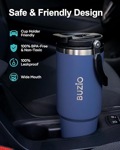 Miniatura 5 de BUZIO Vaso de 40 onzas con asa, vaso de agua aislado con tapa 2 en 1 y popote, vaso de acero inoxidable con doble pared recubrimiento de polvo, taza