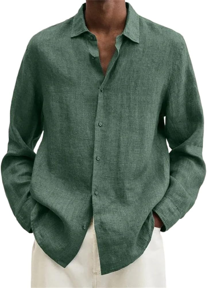 LIXINGHEITANG Men Clothing Spring Shirts Loose Linen Solid Long Sleeve Collar Button Retro Autumn Shirt for Male Blouse