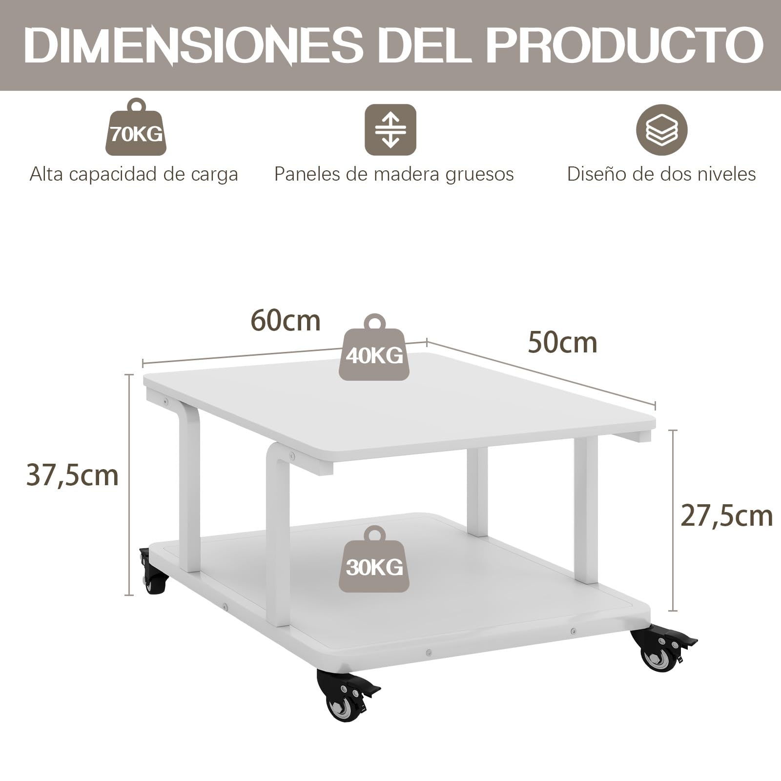 PUNCIA Carro Impresora de 2 Niveles 60 x 50 cm para Oficina Hogar Escuela | mesa soporte impresora blanco carro organizador documentos mueble con estantes para archivos y equipos de oficina