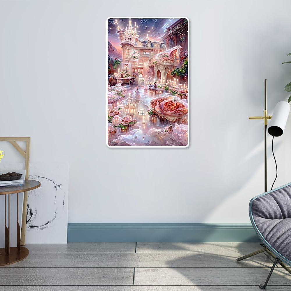 DPHERO Diamond Painting Kit 5D | Castello Con Fiori | Tela Rotonda Full Drill 12x16 Inch | Fai Da Te Per Adulti E Principianti