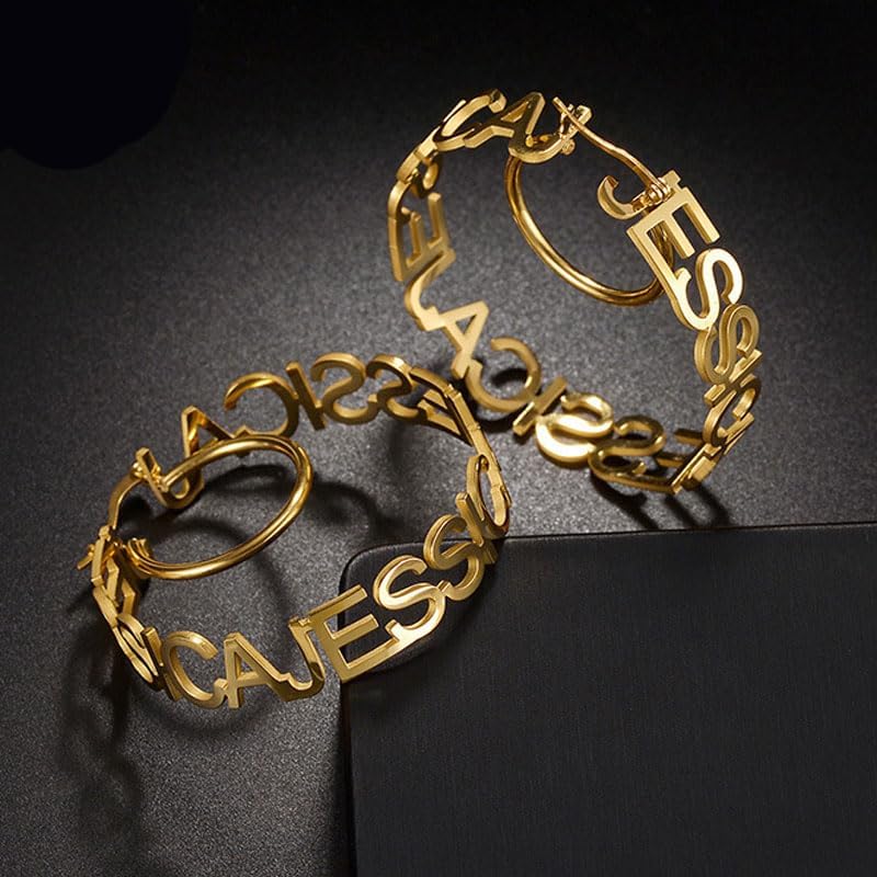 Custom Name Hoop Earrings – Personalized Gold Plated Circle Earrings – Statement Jewelry Gift for Women, Friends