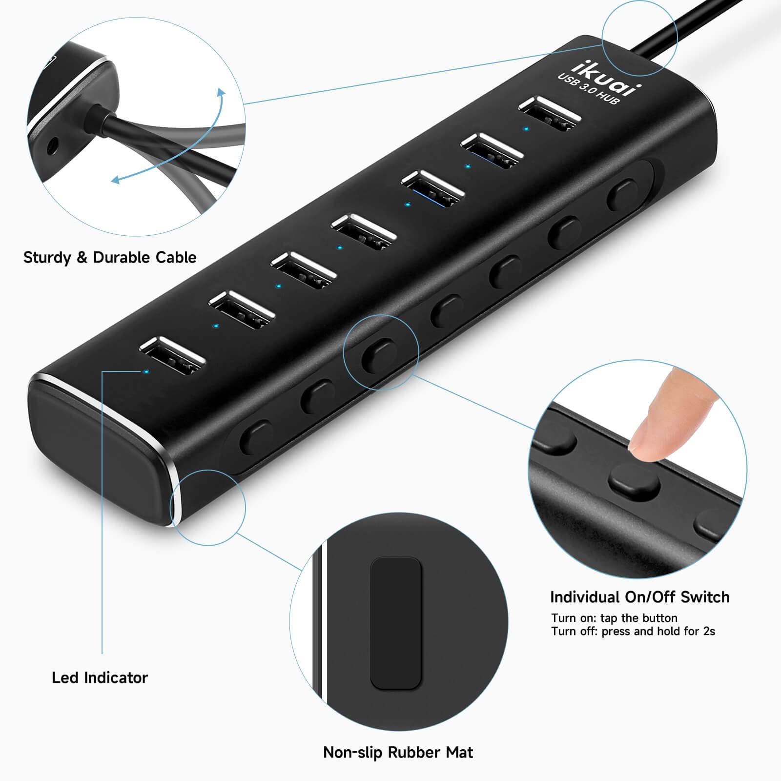 Hub USB 3.0/USB C, divisor de aluminio de 7 puertos con adaptador de CA, interruptores individuales de encendido/apagado LED y cable largo extendido de 3.3 pies para laptop, Mac, PC, unidad