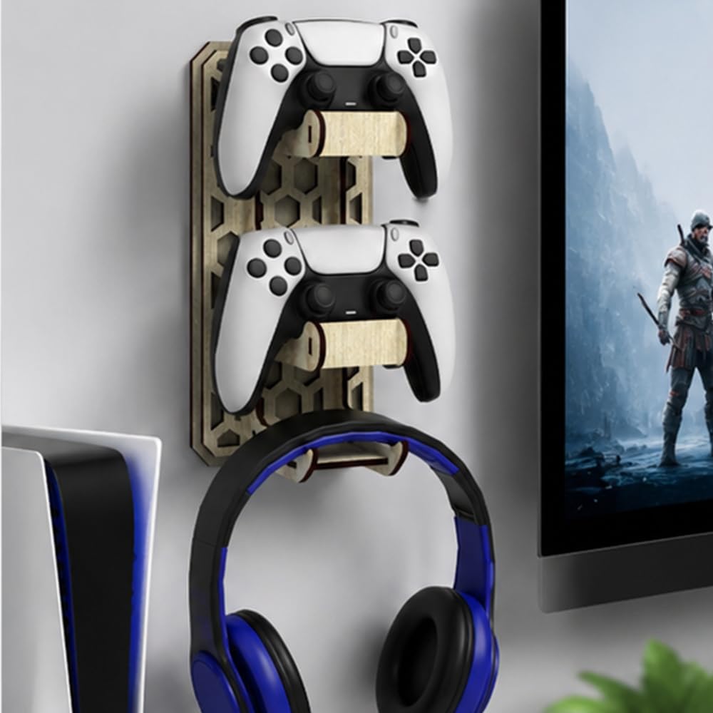 Wood Wall Mount Controller Stand with Headphone Holder, Gaming Desk Organiser, Gift for Gamers, Compatible with PlayStation and Xbox Controllers-image-42