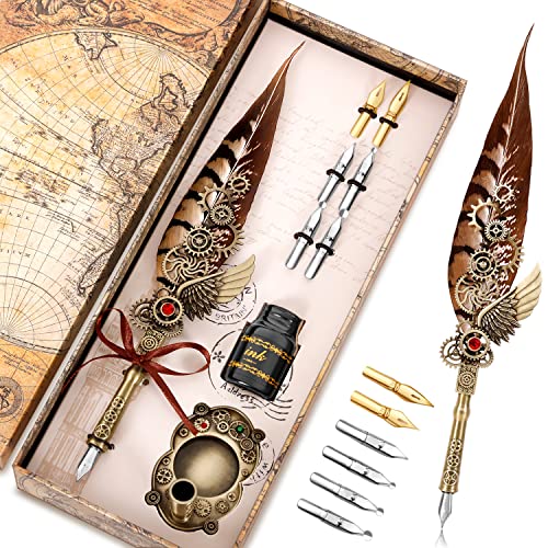 Feather Pen Quill Pen Dip Pen and Ink Set, Quill Pen Set Antique Calligraphy Dip Pen with Ink,Two dip pens, quill pens, wooden dip pens, ink, pen holder,Vintage Signature Pen (Pheasant)