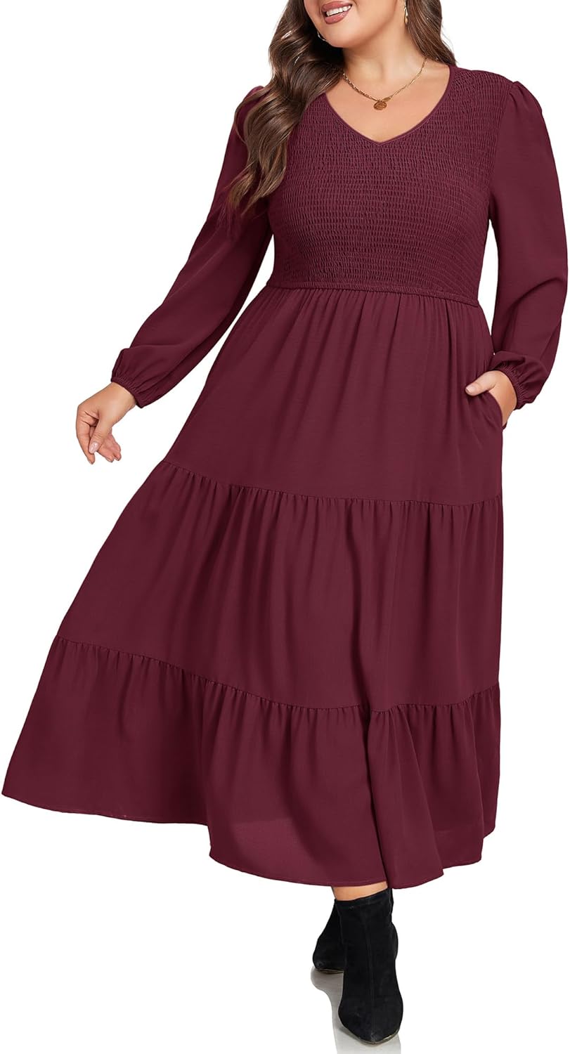 Hanna Nikole Women Plus Size Fall Dresses Long Sleeve V Neck Dress Maxi Casual Flowy Tiered 2025 Dress with Pockets