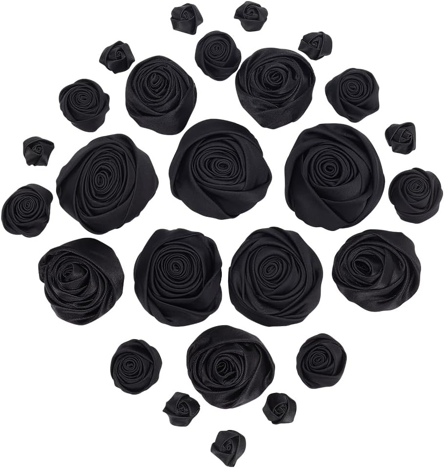 WADORN 26Pcs 3D Rose Flower Applique, 4 Sizes Satin Fabric Floral Sew Iron on Patches Blooming Flower Bud Applique for DIY Sewing Craft Embroidery Clothes Wedding Dress Decoration Patches, Black