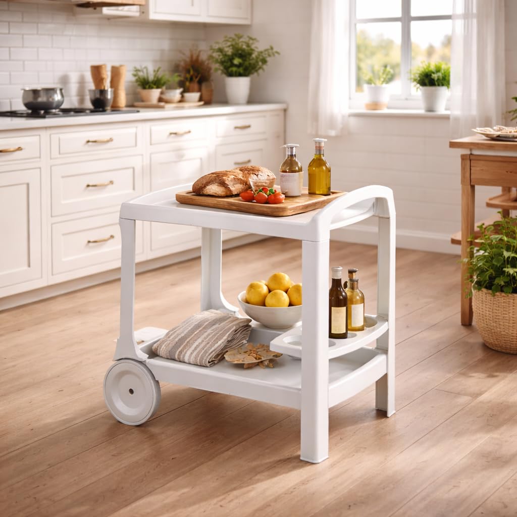 Carrello Multiuso in Plastica Bianco con Ripiani Portavivande Portabottiglie per Cucina Casa Esterno